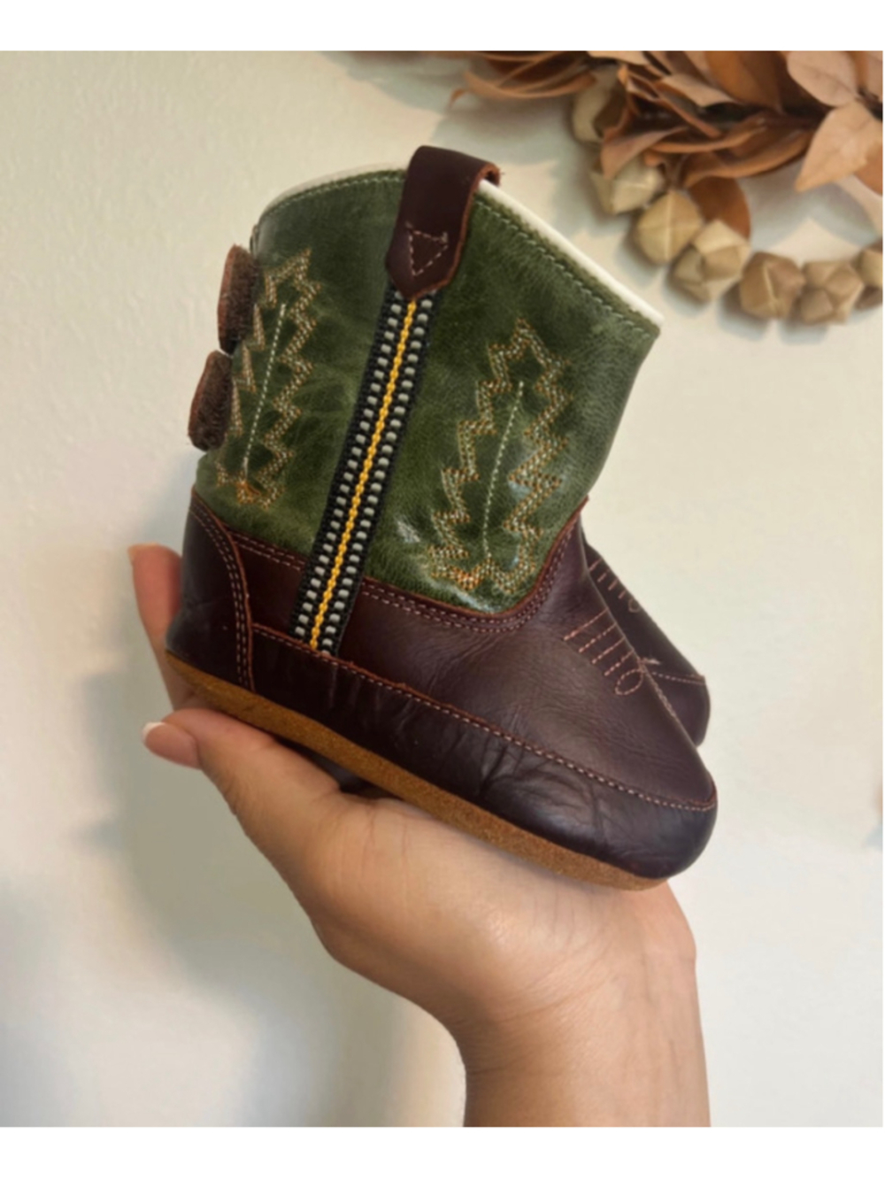 Old West Baby Western Cowboy Round Toe Boots Size 3 Brown and Green Leather